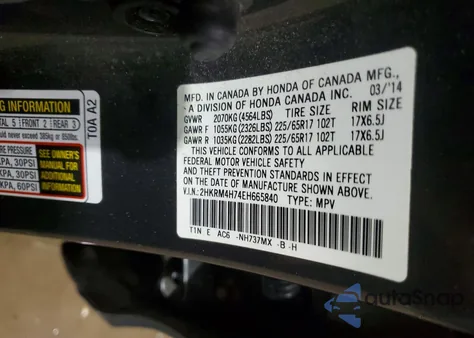 2014 Honda Cr-V Exl from USA, damaged, VIN 2HKRM4H74EH665840